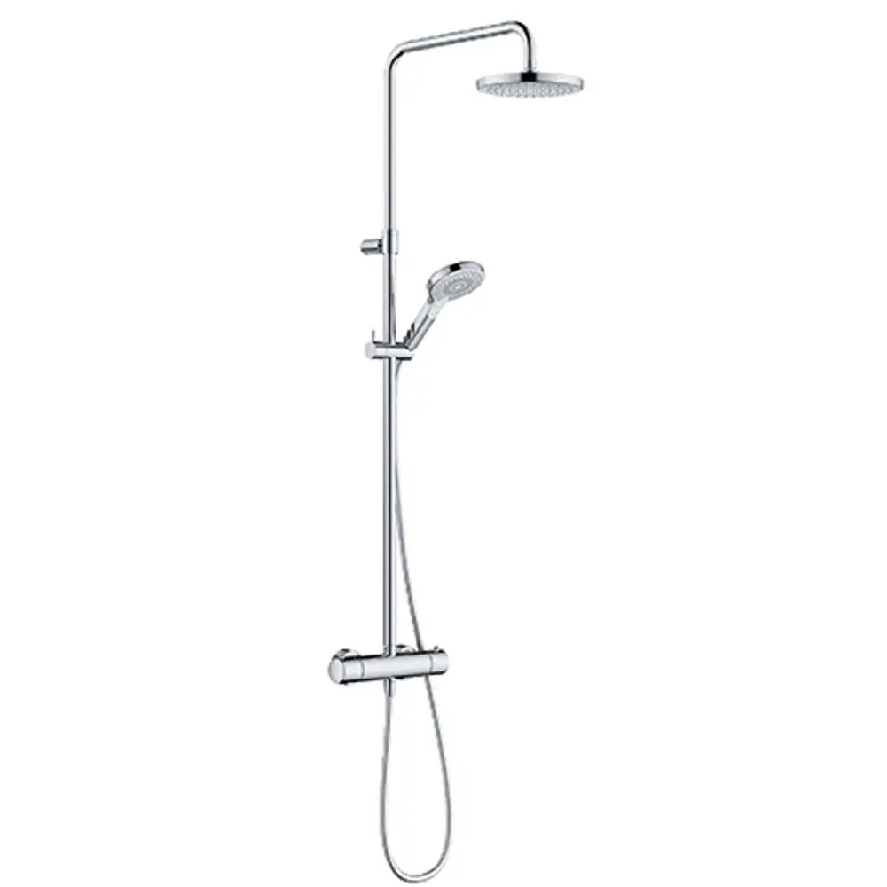 Kludi-Duschsystem mit Thermostat, bestehend aus einer overhead Dusche und einer Handbrause, montiert an einer vertikalen Stange, aus verchromtem Material.